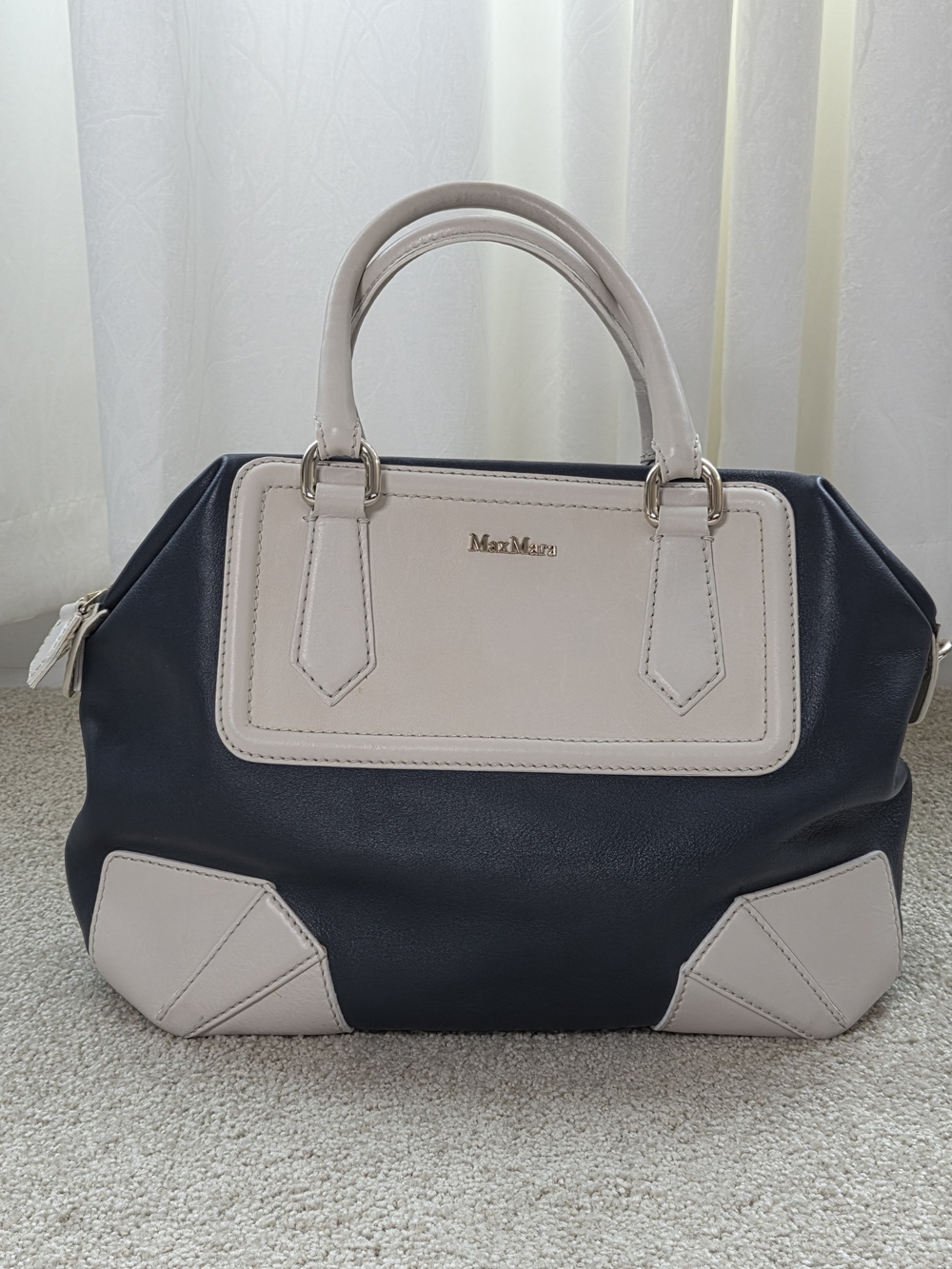 Max Mara Navy and Cream Two-Tone Leather Tote Bag